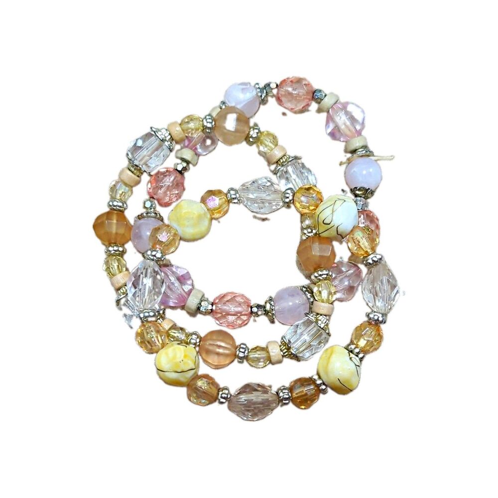 Set of 3 Multicolor Stretch Beaded Charm Bracelets Round Crystal Glass Stack
